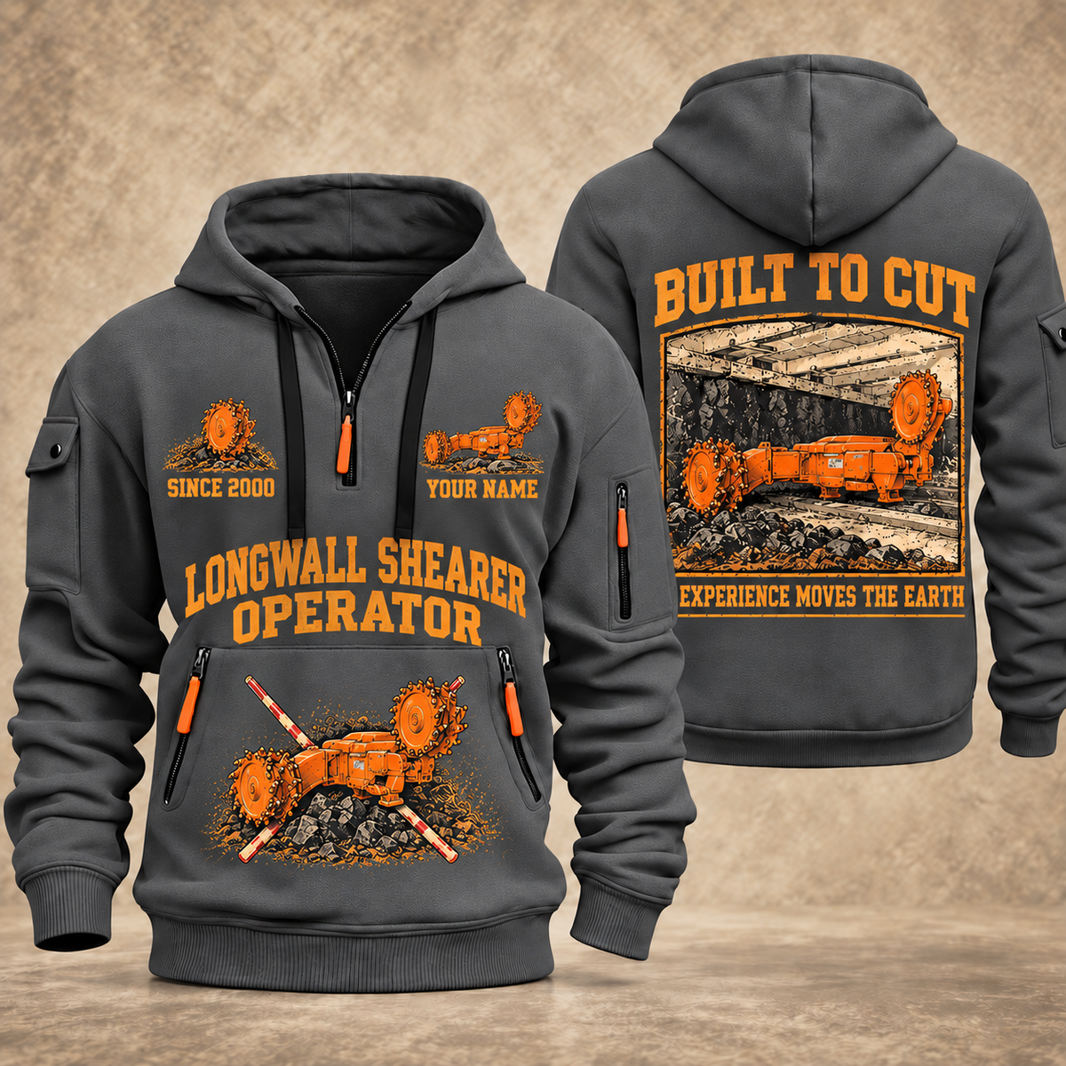 7LS2A Longwall Shearer Operator quarter zip hoodie in Gray, front and back views, sample YOUR NAME and SINCE 2000 artwork