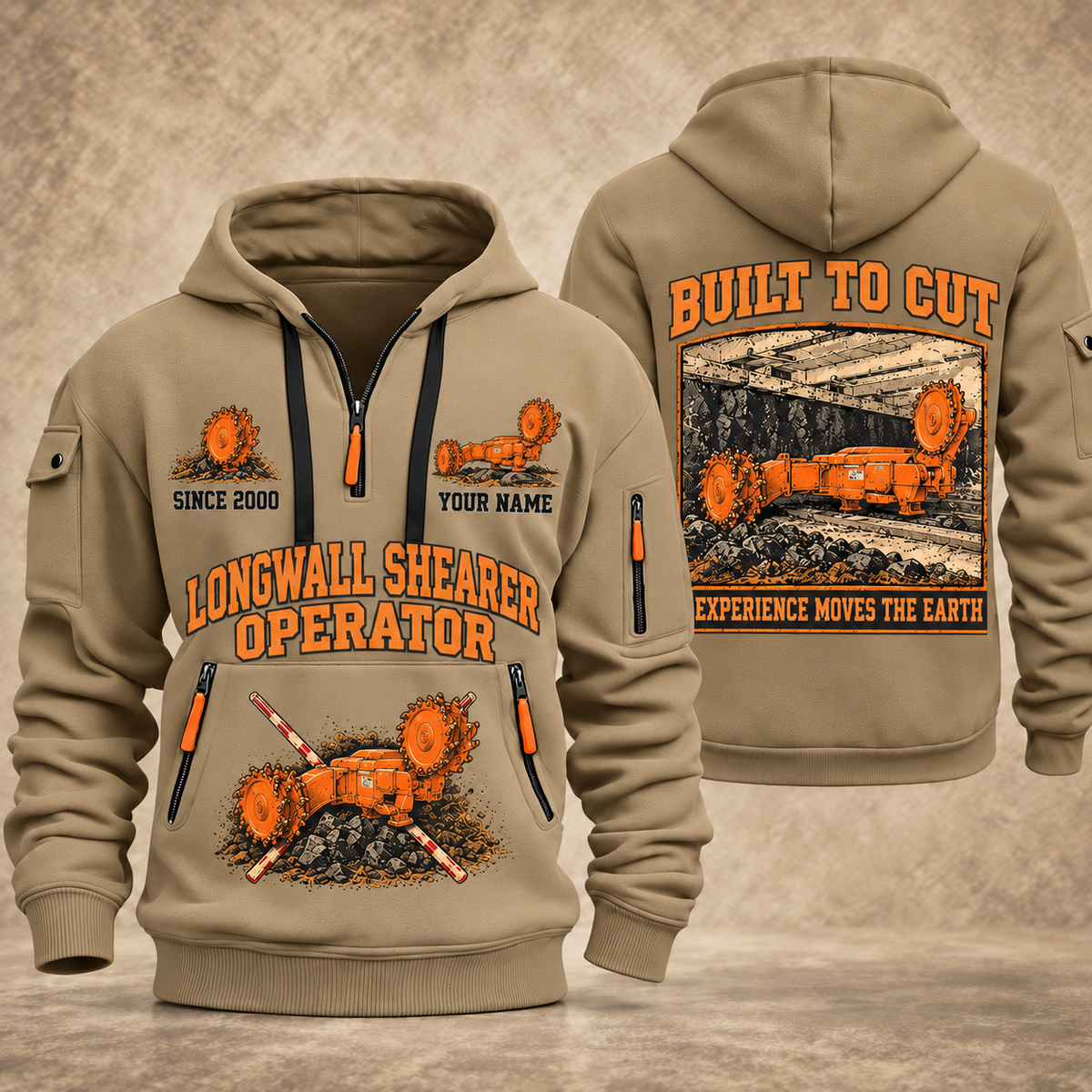 7LS2A Longwall Shearer Operator quarter zip hoodie in Khaki, front and back views, sample YOUR NAME and SINCE 2000 artwork
