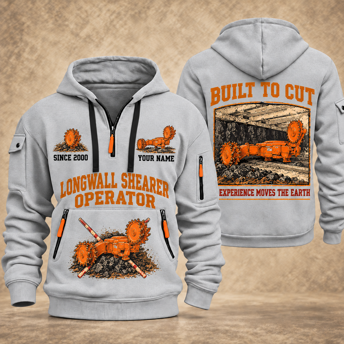7LS2A Longwall Shearer Operator quarter zip hoodie in Light Grey, front and back views, sample YOUR NAME and SINCE 2000 artwork