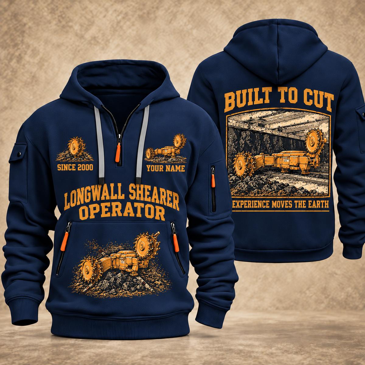 7LS2A Longwall Shearer Operator quarter zip hoodie in Navy, front and back views, sample YOUR NAME and SINCE 2000 artwork