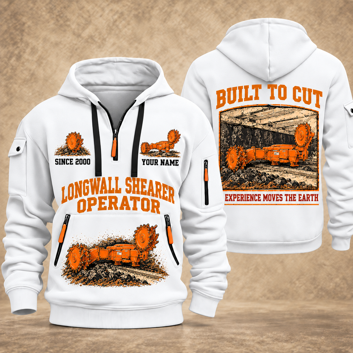 7LS2A Longwall Shearer Operator quarter zip hoodie in White, front and back views, sample YOUR NAME and SINCE 2000 artwork