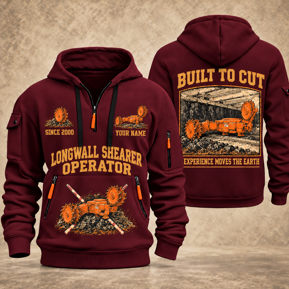 7LS2A Longwall Shearer Operator quarter zip hoodie in Wine Red, front and back views, sample YOUR NAME and SINCE 2000 artwork