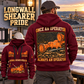 7LS5 Longwall Shearer Operator quarter zip hoodie in Wine Red, adult lifestyle portrait showing front and back artwork
