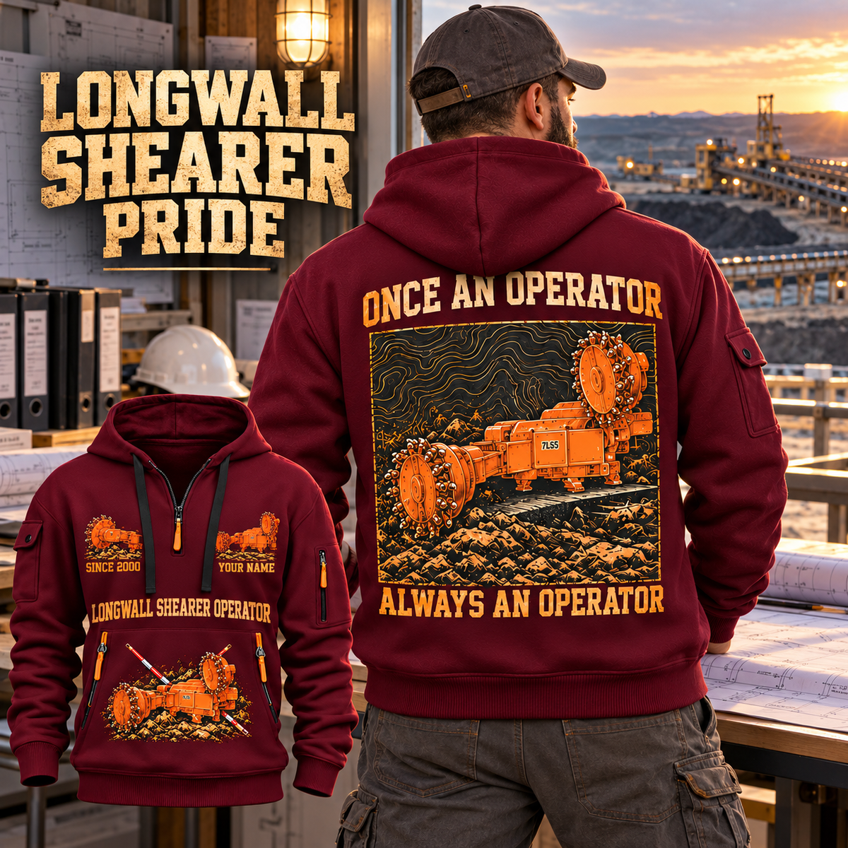 7LS5 Longwall Shearer Operator quarter zip hoodie in Wine Red, adult lifestyle portrait showing front and back artwork