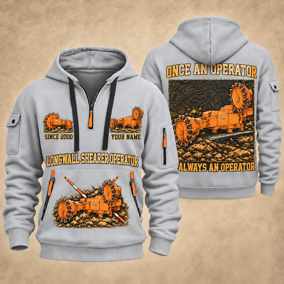 7LS5 Longwall Shearer Operator quarter zip hoodie in Light Grey, front and back views, sample YOUR NAME and SINCE 2000 artwork
