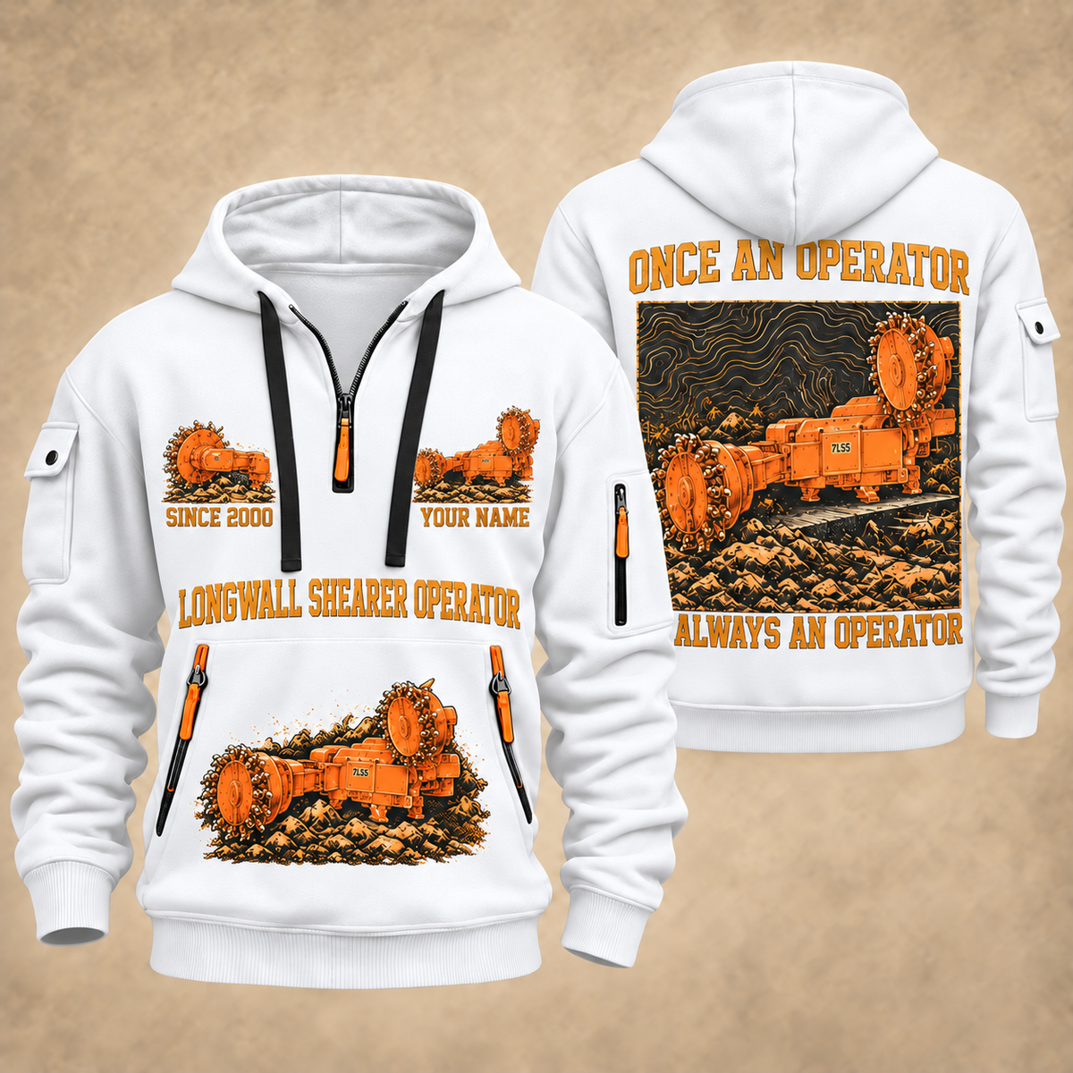 7LS5 Longwall Shearer Operator quarter zip hoodie in White, front and back views, sample YOUR NAME and SINCE 2000 artwork