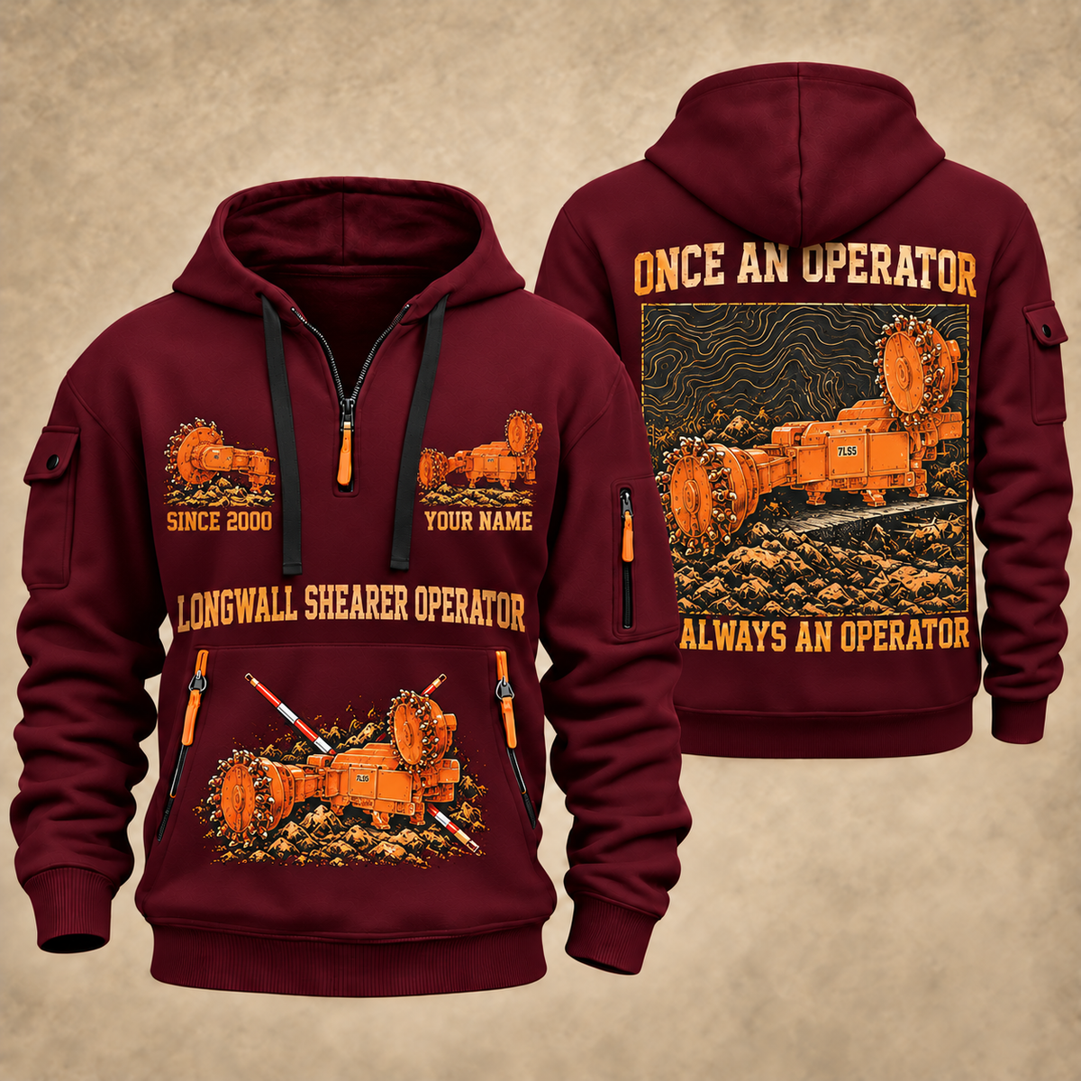 7LS5 Longwall Shearer Operator quarter zip hoodie in Wine Red, front and back views, sample YOUR NAME and SINCE 2000 artwork