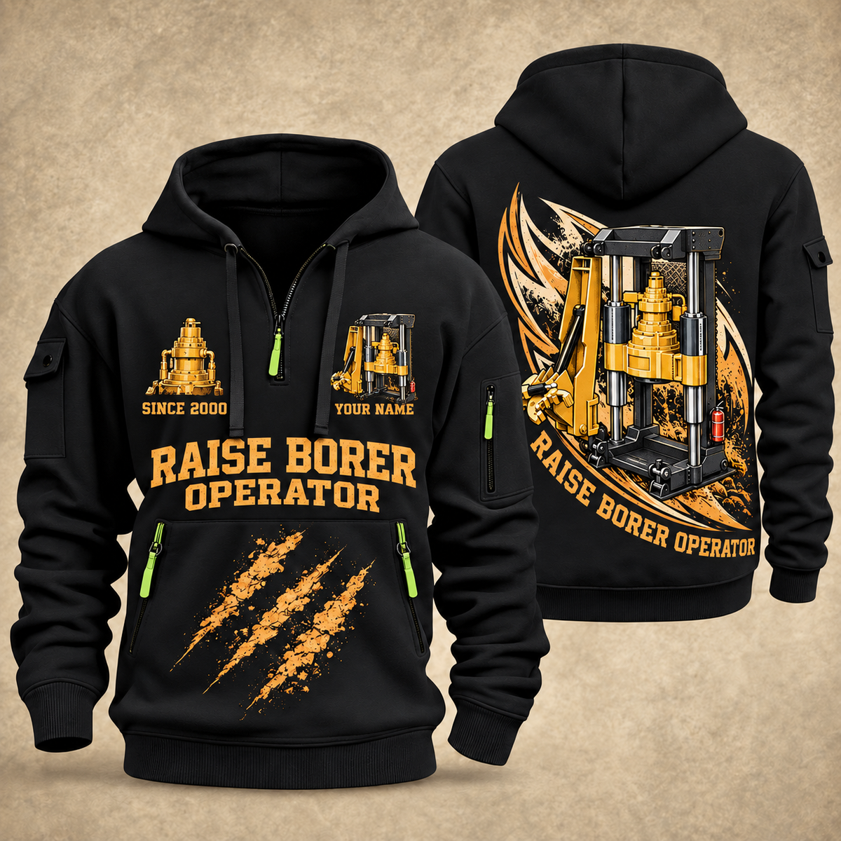 Robbins 34RH Raise Borer Operator quarter zip hoodie in Black, front and back views, sample YOUR NAME and SINCE 2000 artwork