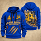 Robbins 34RH Raise Borer Operator quarter zip hoodie in Blue, front and back views, sample YOUR NAME and SINCE 2000 artwork