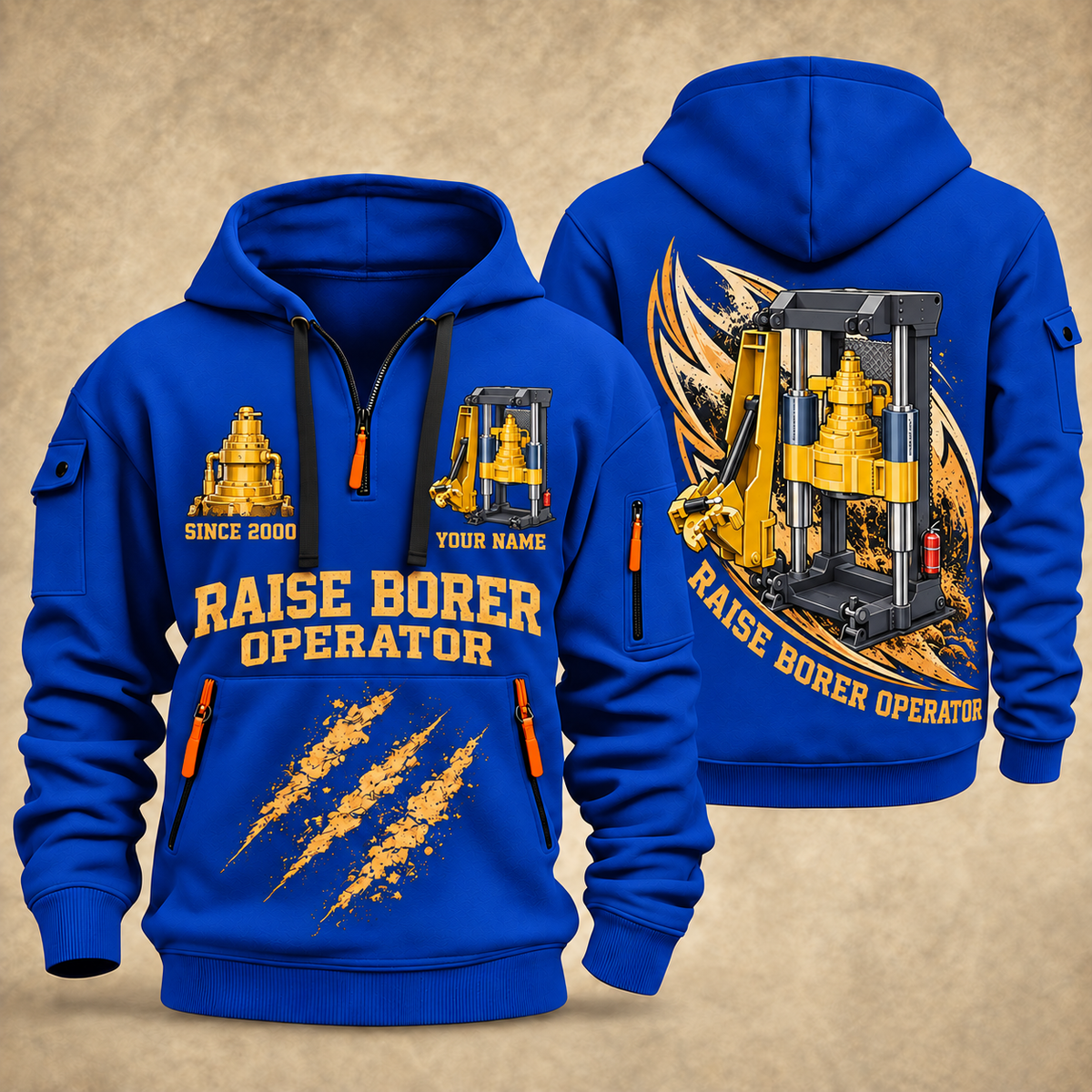 Robbins 34RH Raise Borer Operator quarter zip hoodie in Blue, front and back views, sample YOUR NAME and SINCE 2000 artwork