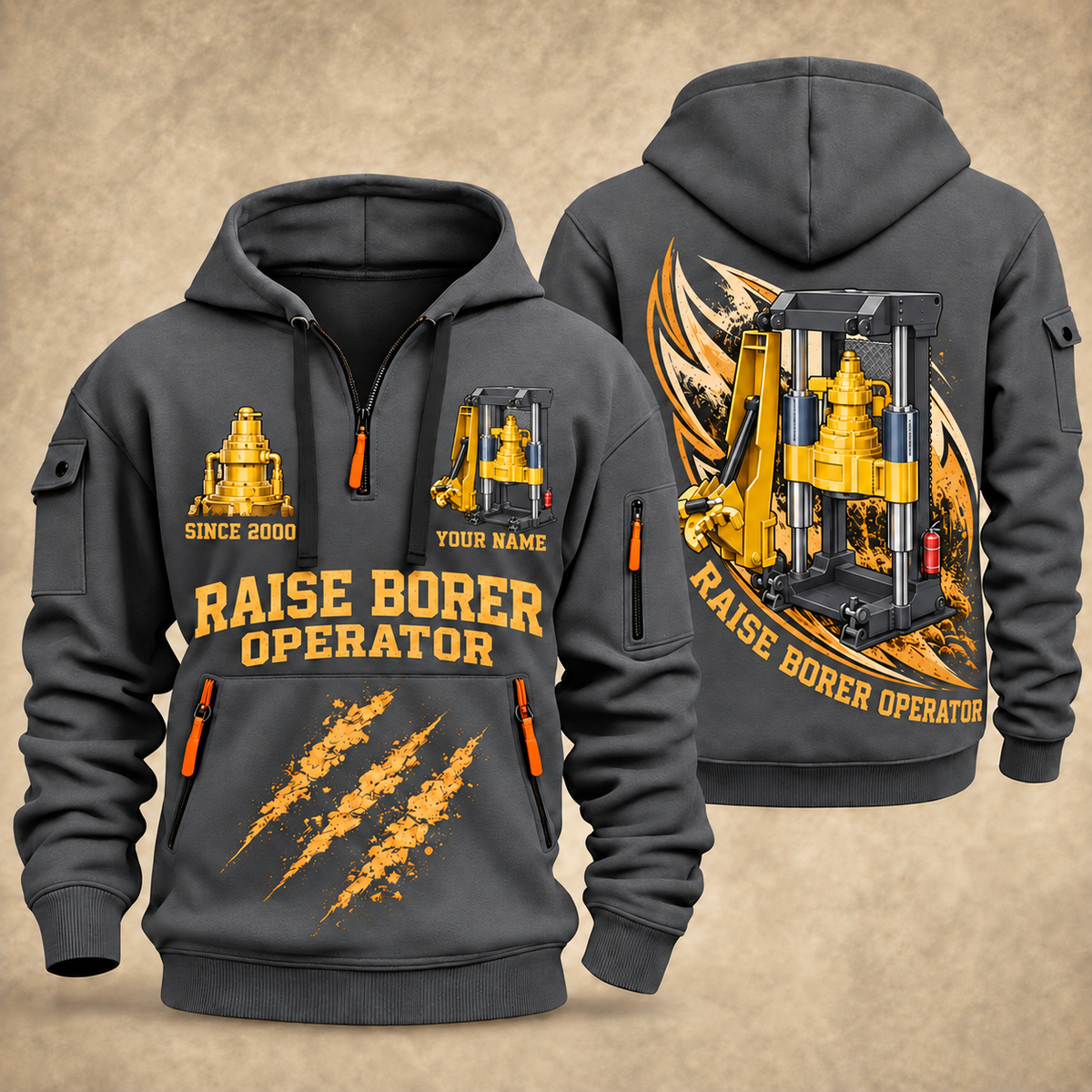 Robbins 34RH Raise Borer Operator quarter zip hoodie in Gray, front and back views, sample YOUR NAME and SINCE 2000 artwork