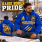 Robbins 34RH Raise Borer Operator quarter zip hoodie in Blue, adult lifestyle portrait showing front and back artwork