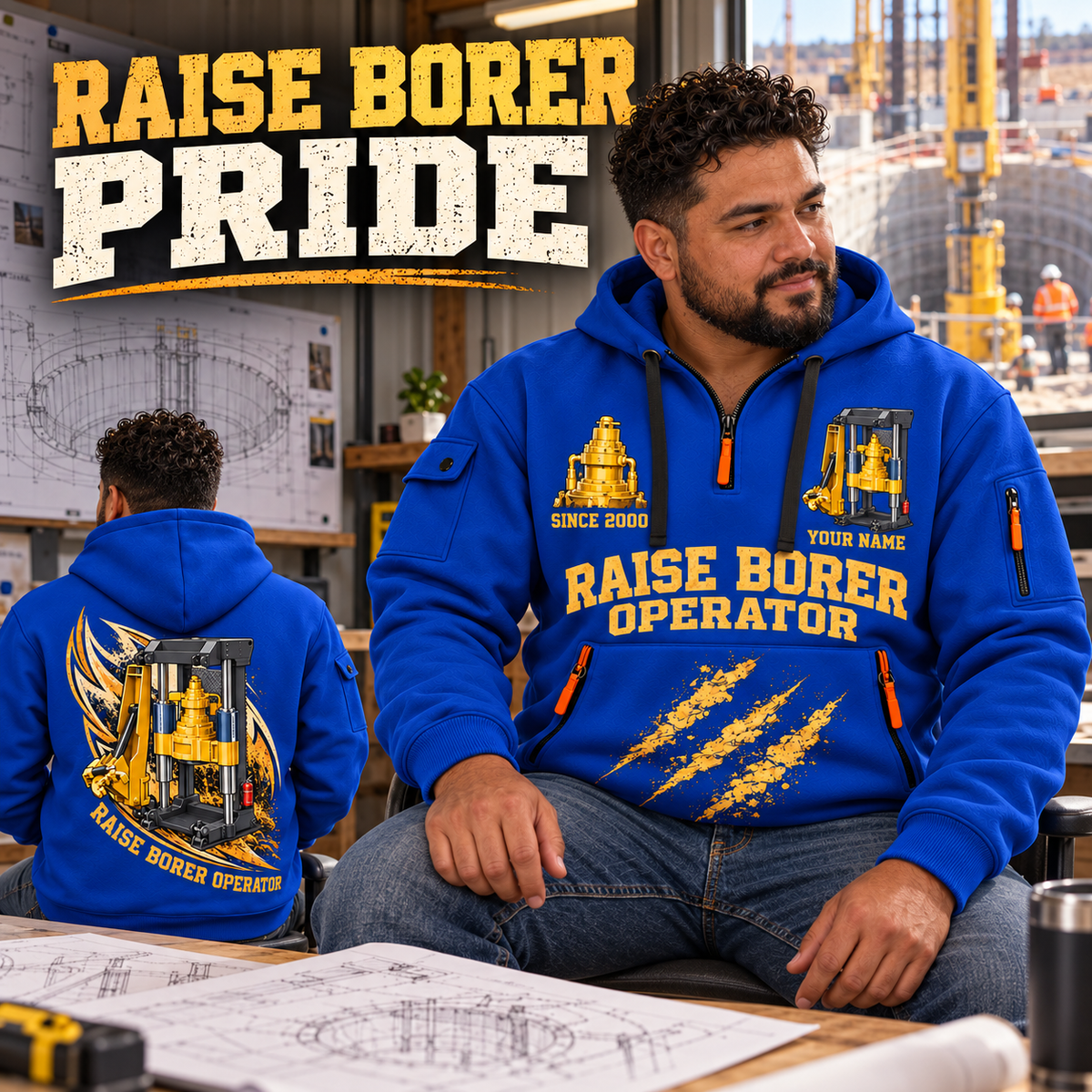 Robbins 34RH Raise Borer Operator quarter zip hoodie in Blue, adult lifestyle portrait showing front and back artwork