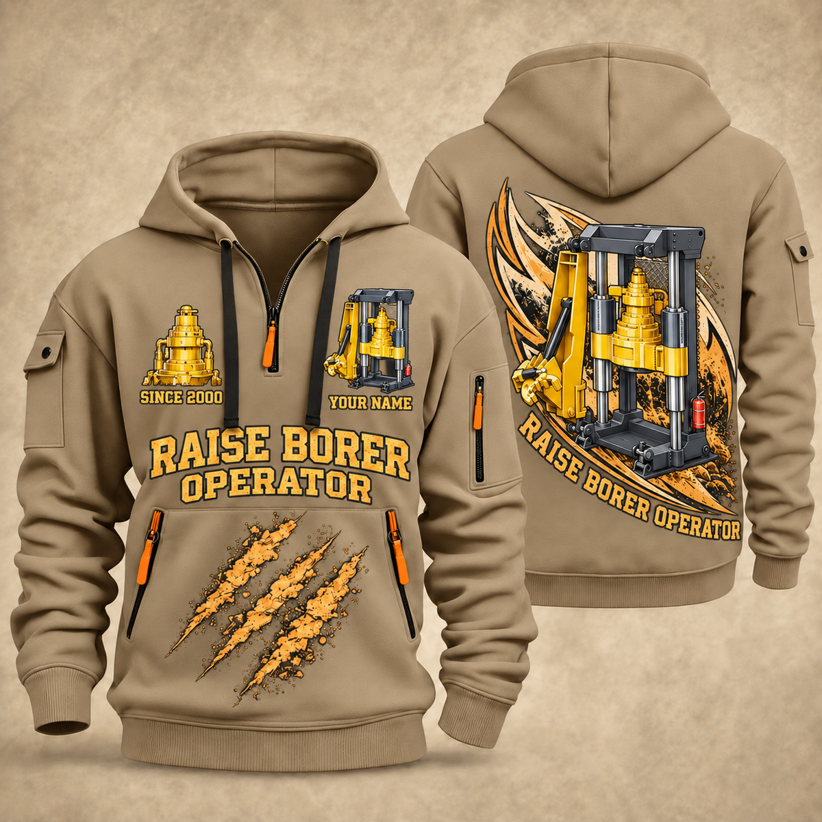 Robbins 34RH Raise Borer Operator quarter zip hoodie in Khaki, front and back views, sample YOUR NAME and SINCE 2000 artwork