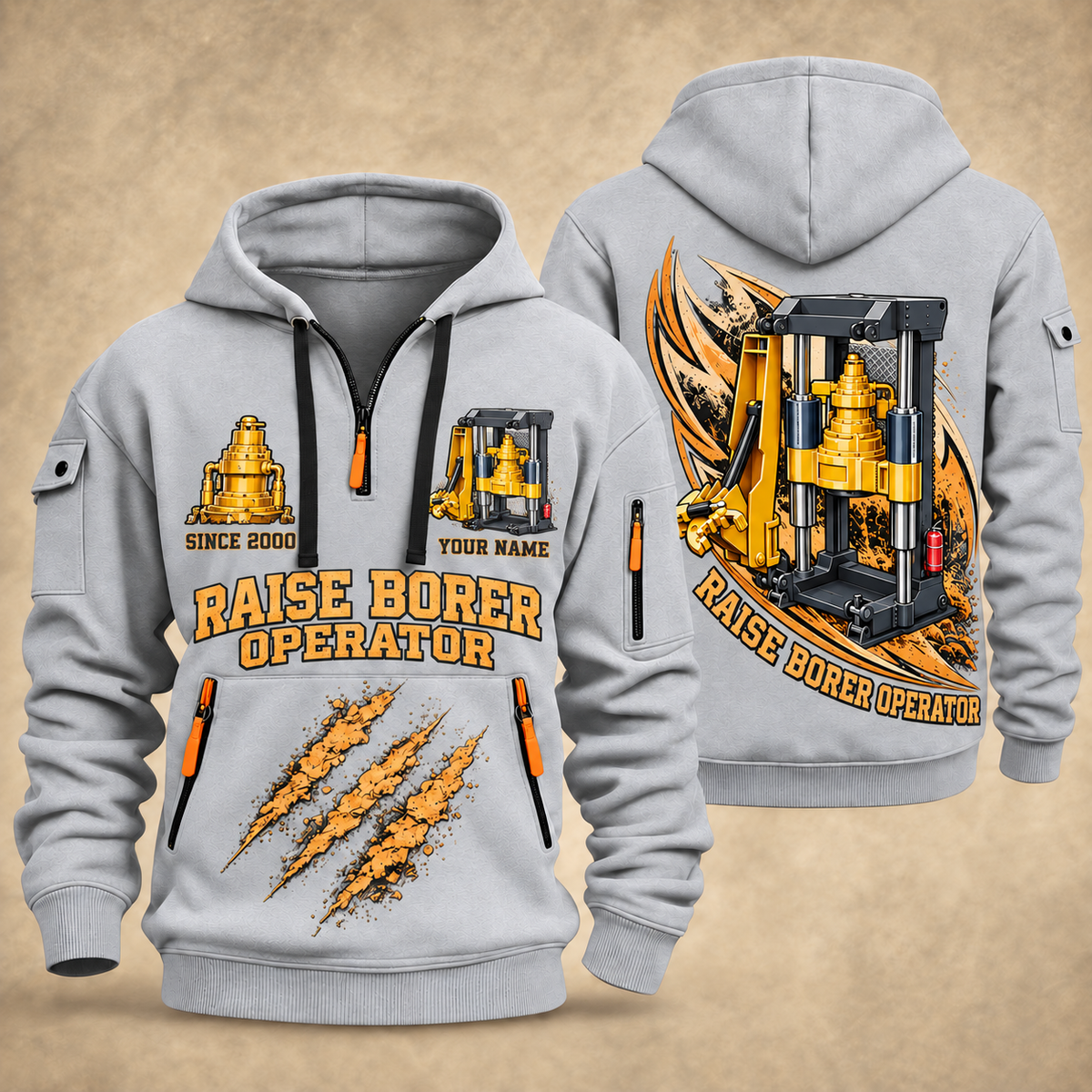 Robbins 34RH Raise Borer Operator quarter zip hoodie in Light Grey, front and back views, sample YOUR NAME and SINCE 2000 artwork
