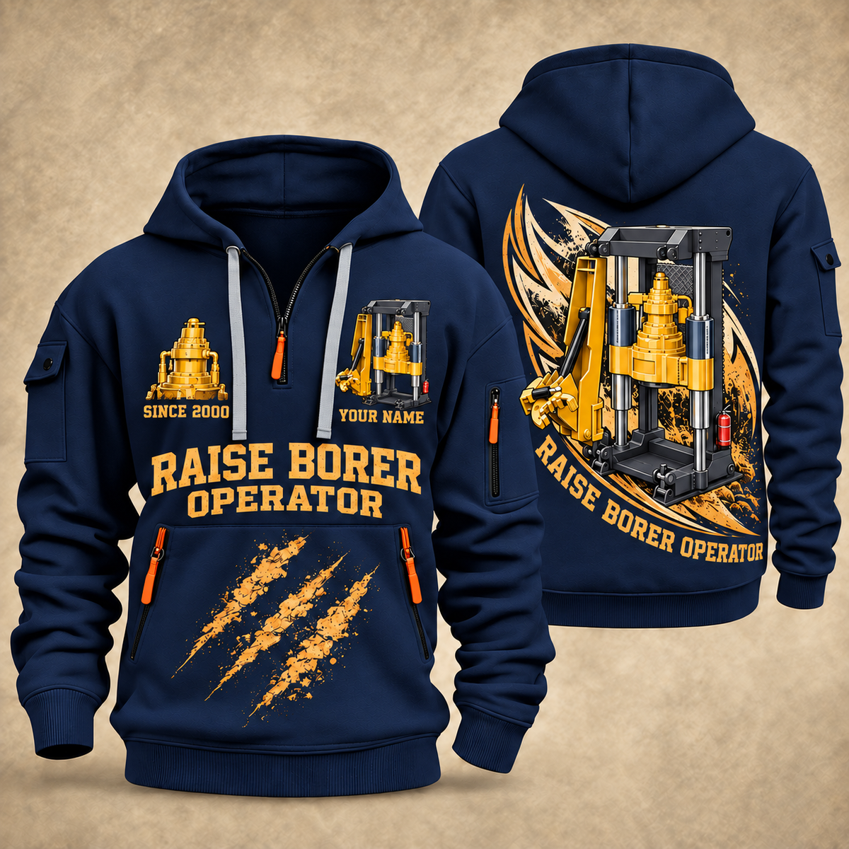 Robbins 34RH Raise Borer Operator quarter zip hoodie in Navy, front and back views, sample YOUR NAME and SINCE 2000 artwork