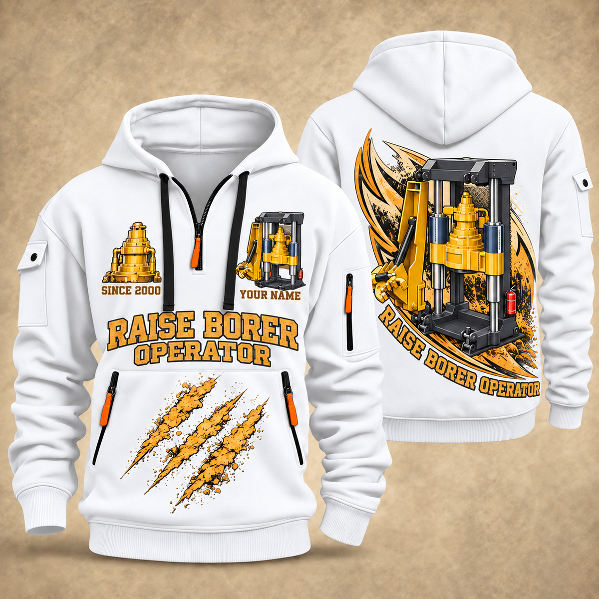 Robbins 34RH Raise Borer Operator quarter zip hoodie in White, front and back views, sample YOUR NAME and SINCE 2000 artwork