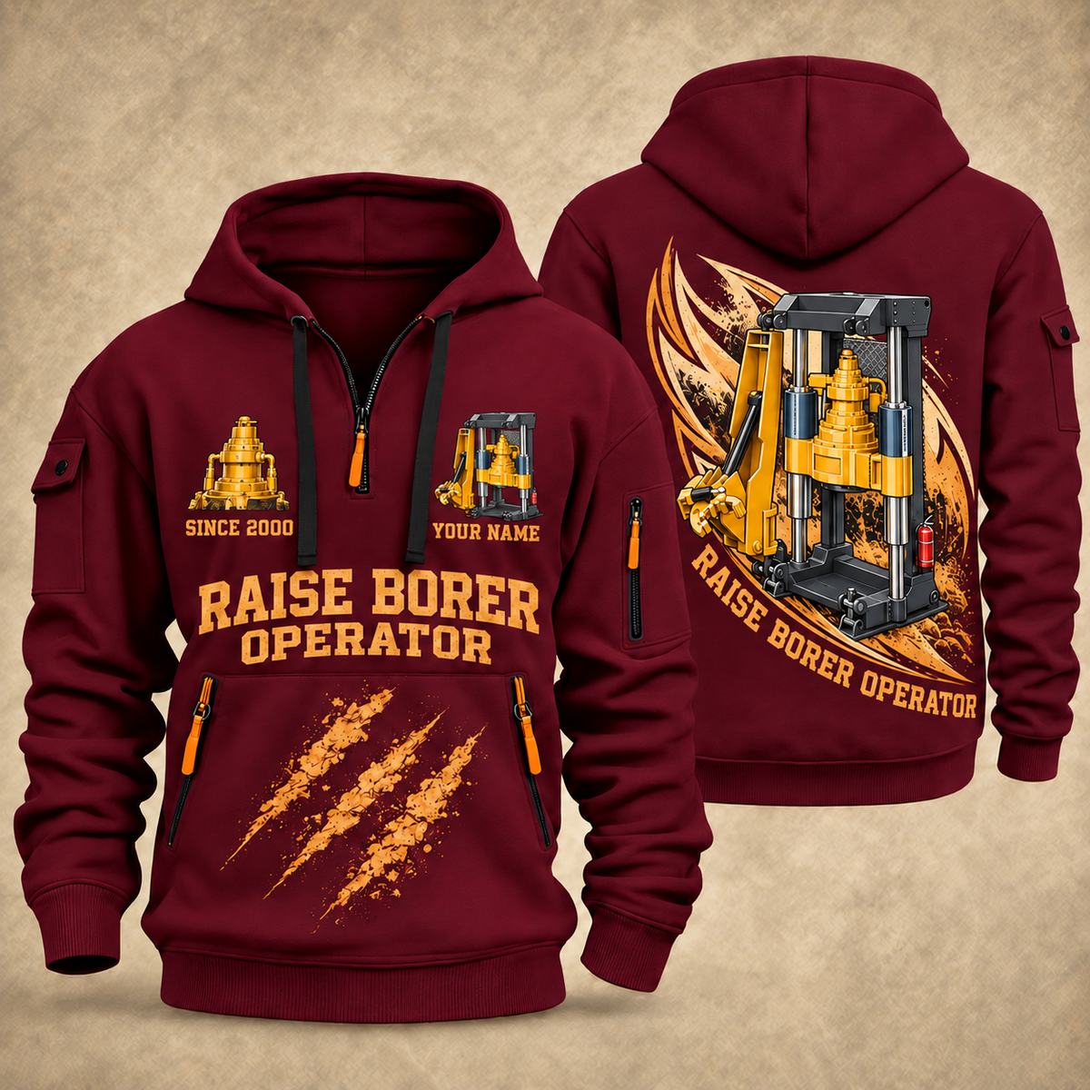 Robbins 34RH Raise Borer Operator quarter zip hoodie in Wine Red, front and back views, sample YOUR NAME and SINCE 2000 artwork