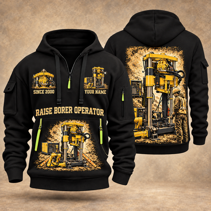 Robbins 44RH Raise Borer Operator quarter zip hoodie in Black, front and back views, sample YOUR NAME and SINCE 2000 artwork