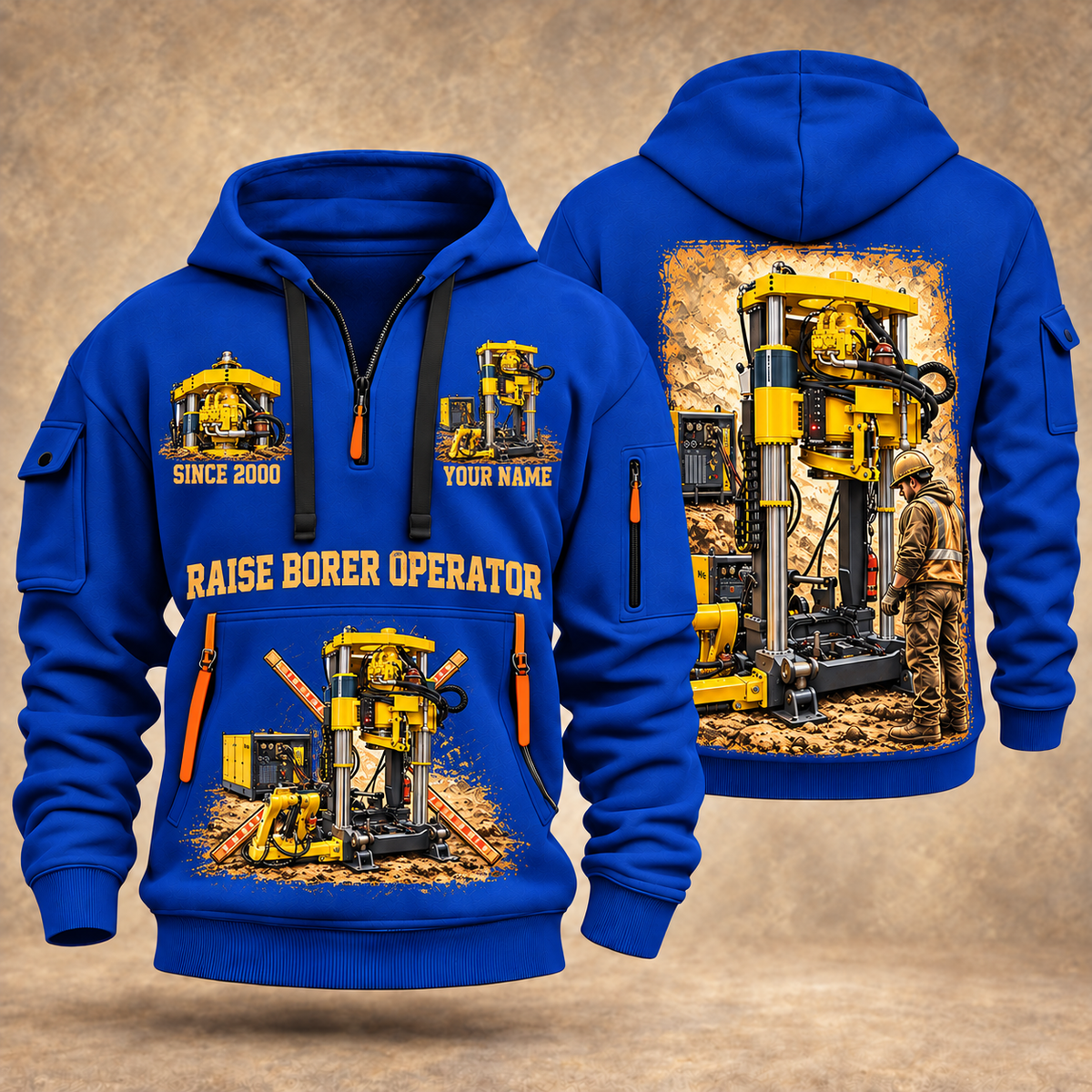 Robbins 44RH Raise Borer Operator quarter zip hoodie in Blue, front and back views, sample YOUR NAME and SINCE 2000 artwork