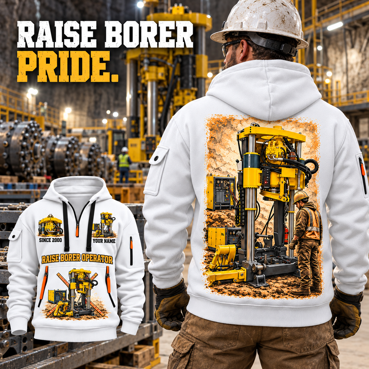 Robbins 44RH Raise Borer Operator quarter zip hoodie in White, adult lifestyle portrait showing front and back artwork