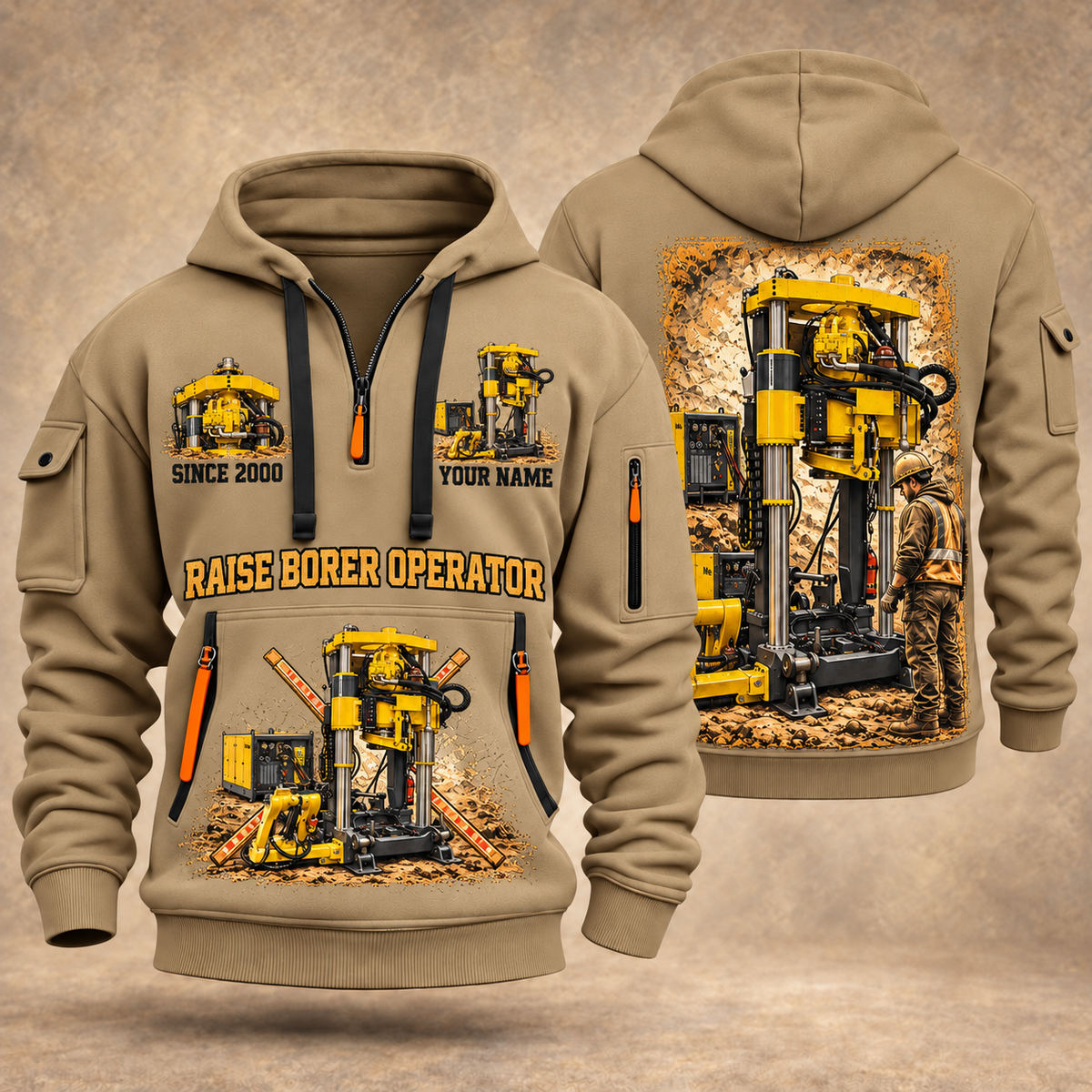 Robbins 44RH Raise Borer Operator quarter zip hoodie in Khaki, front and back views, sample YOUR NAME and SINCE 2000 artwork
