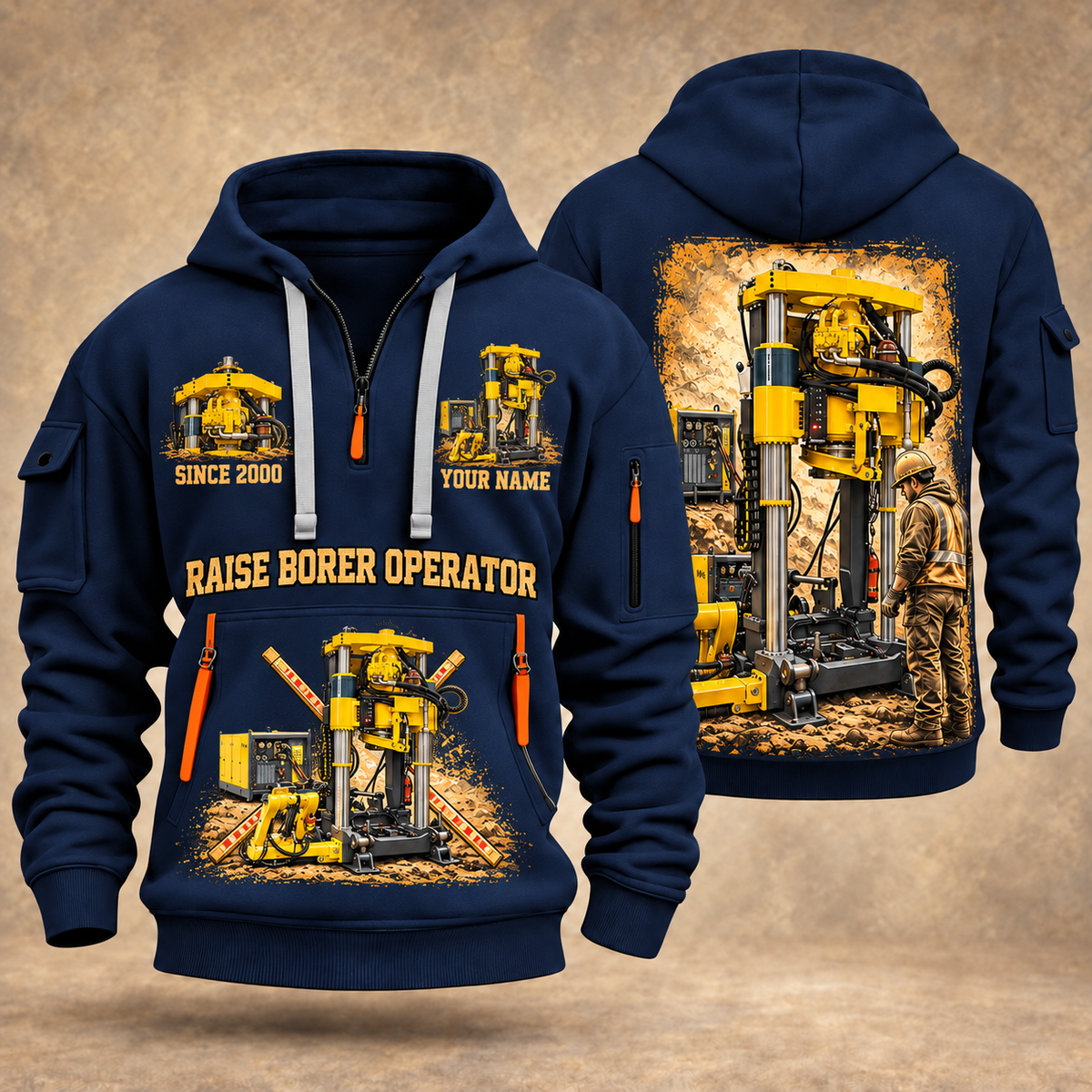 Robbins 44RH Raise Borer Operator quarter zip hoodie in Navy, front and back views, sample YOUR NAME and SINCE 2000 artwork