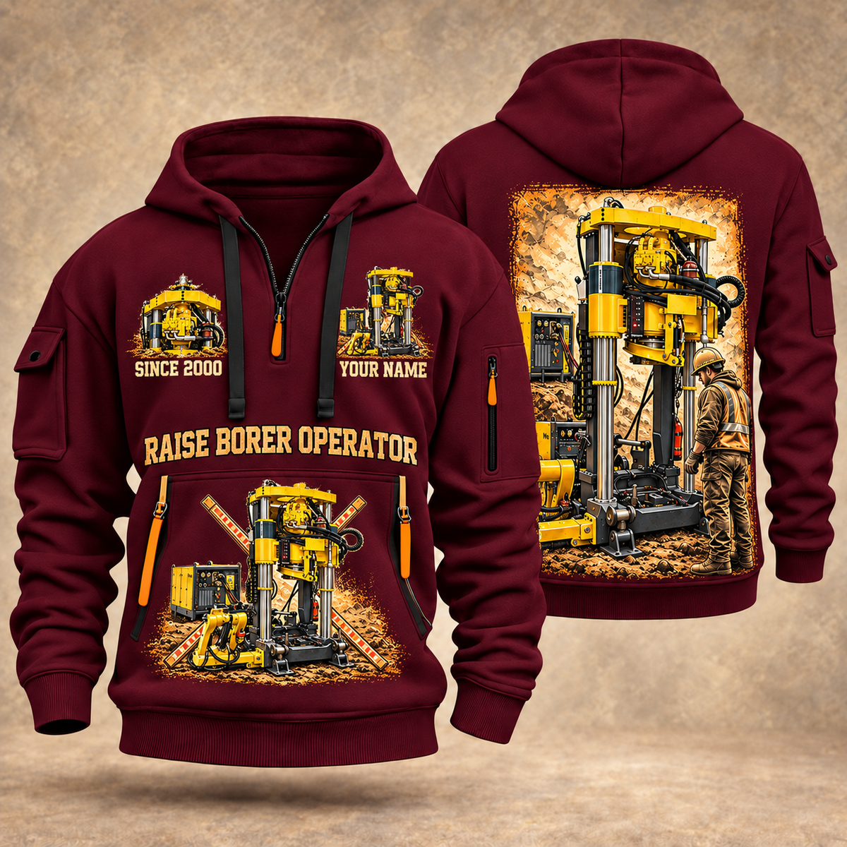 Robbins 44RH Raise Borer Operator quarter zip hoodie in Wine Red, front and back views, sample YOUR NAME and SINCE 2000 artwork
