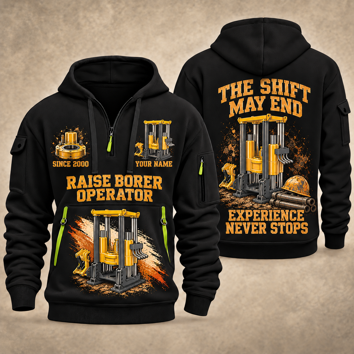 Robbins 53RH Raise Borer Operator quarter zip hoodie in Black, front and back views, sample YOUR NAME and SINCE 2000 artwork