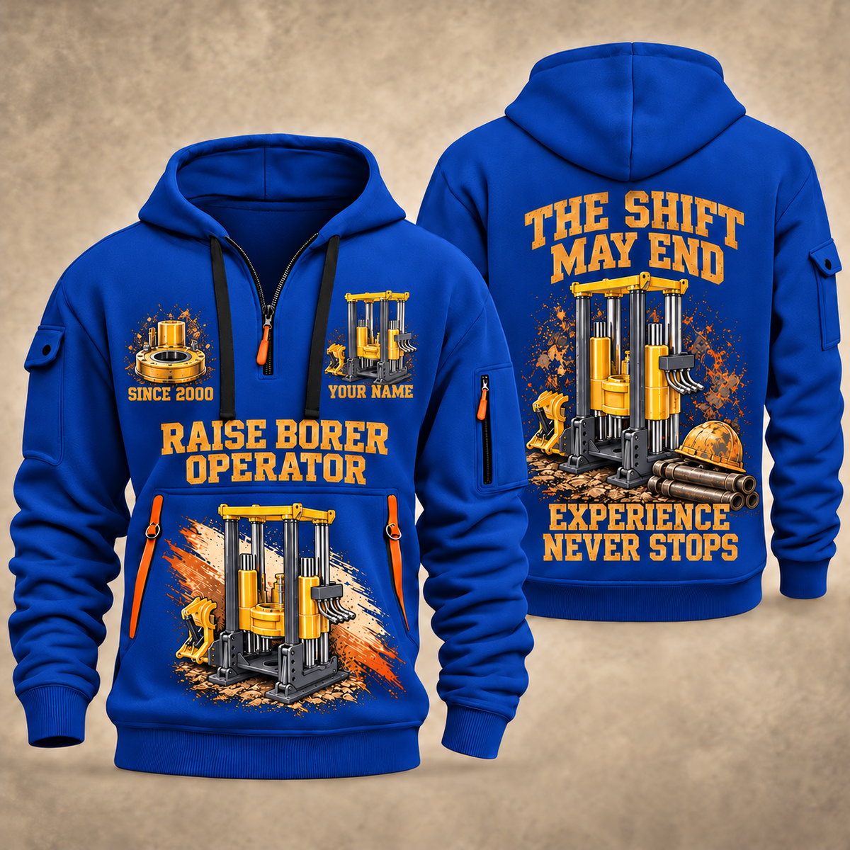 Robbins 53RH Raise Borer Operator quarter zip hoodie in Blue, front and back views, sample YOUR NAME and SINCE 2000 artwork