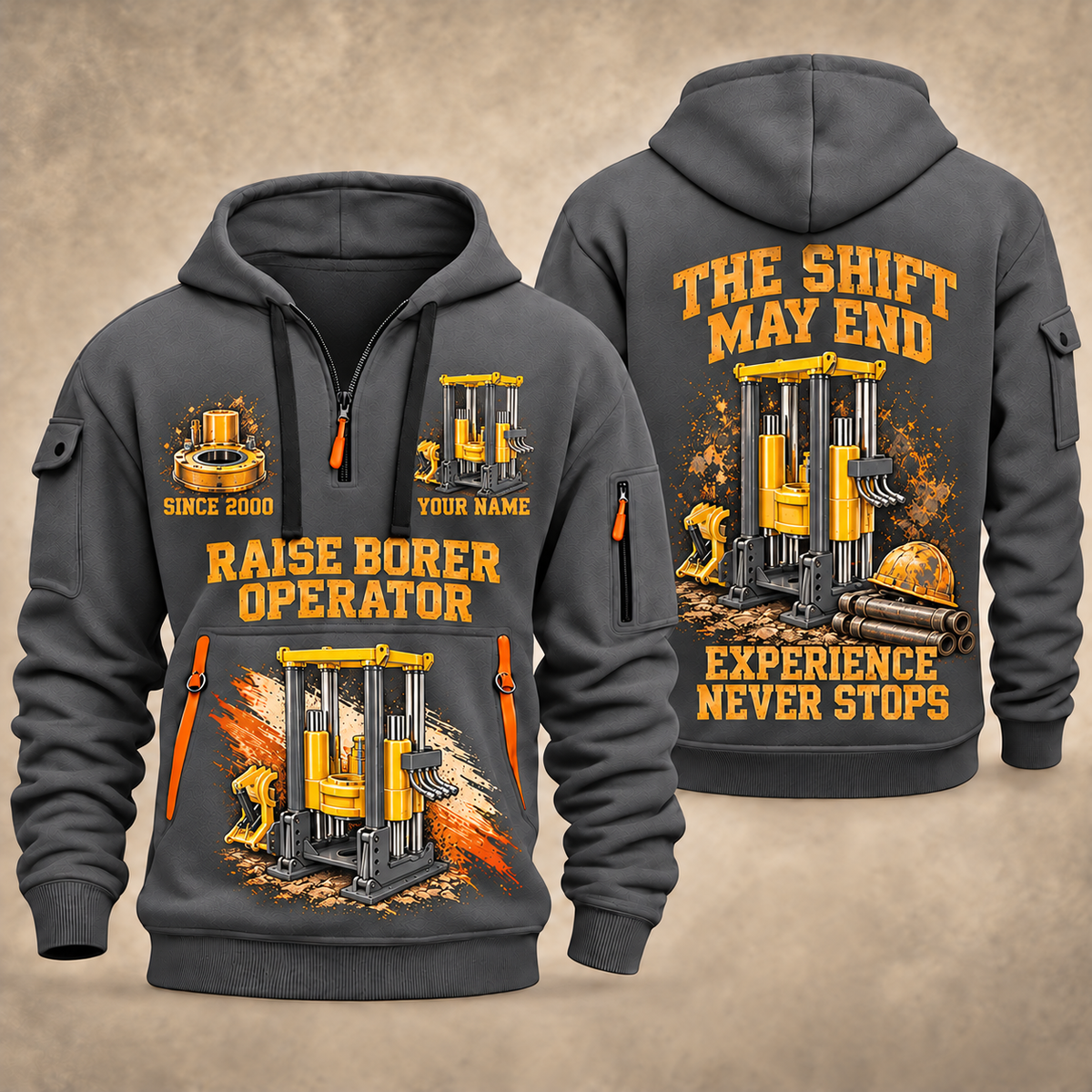 Robbins 53RH Raise Borer Operator quarter zip hoodie in Gray, front and back views, sample YOUR NAME and SINCE 2000 artwork