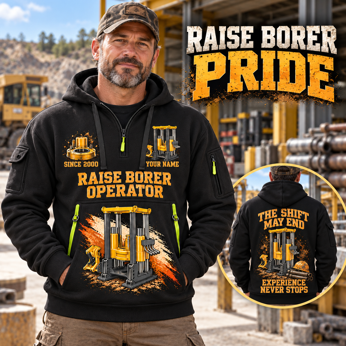 Robbins 53RH Raise Borer Operator quarter zip hoodie in Black, adult lifestyle portrait showing front and back artwork