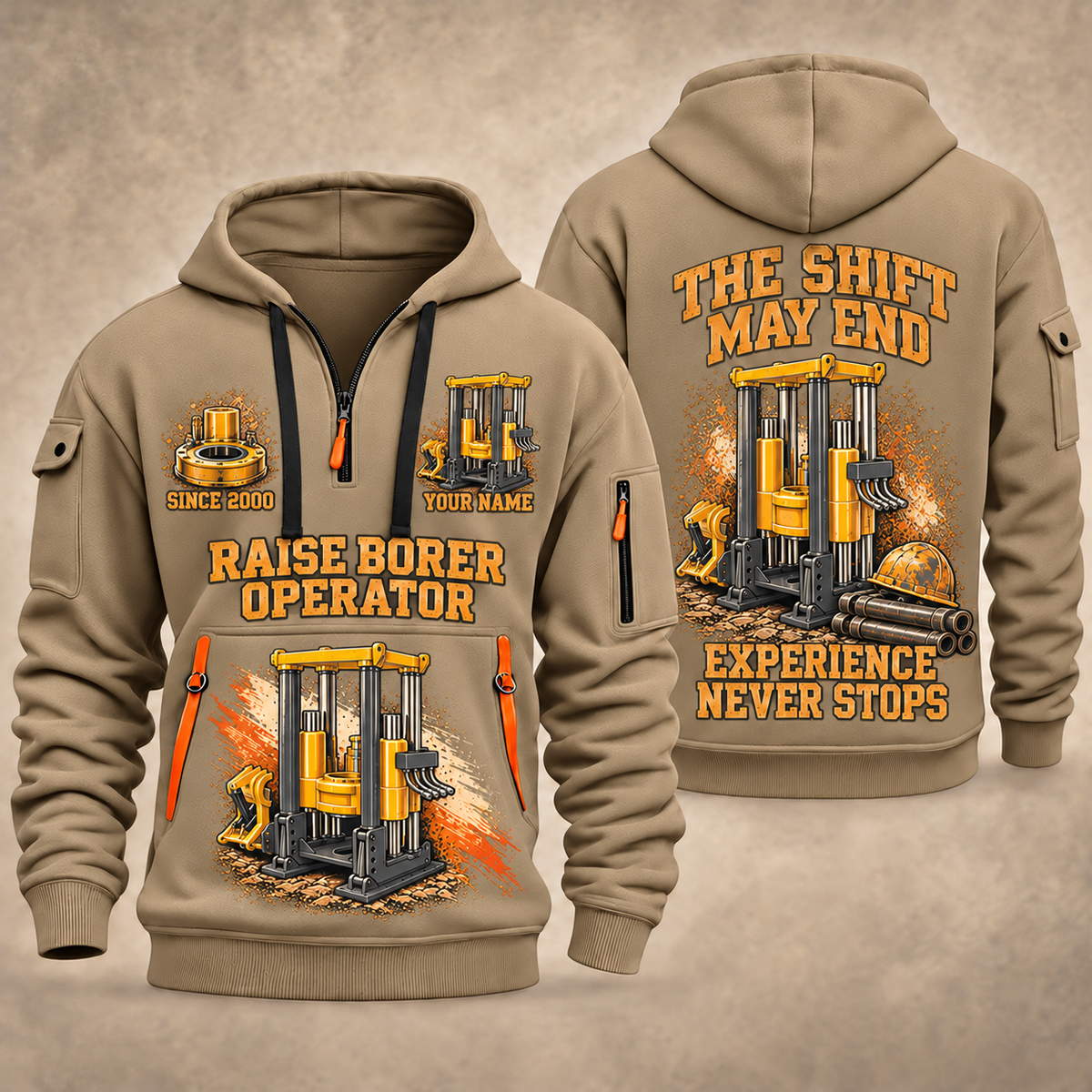 Robbins 53RH Raise Borer Operator quarter zip hoodie in Khaki, front and back views, sample YOUR NAME and SINCE 2000 artwork