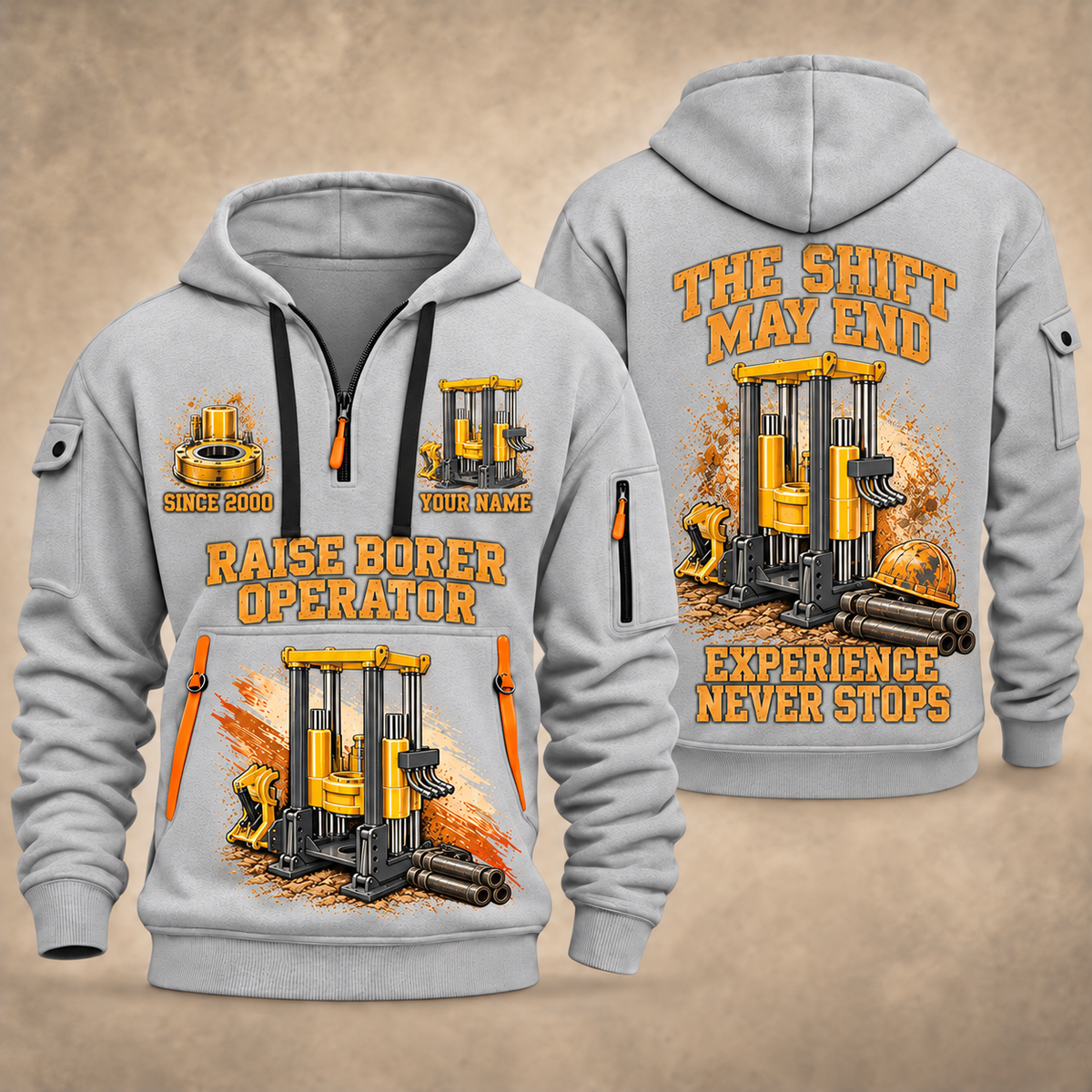 Robbins 53RH Raise Borer Operator quarter zip hoodie in Light Grey, front and back views, sample YOUR NAME and SINCE 2000 artwork