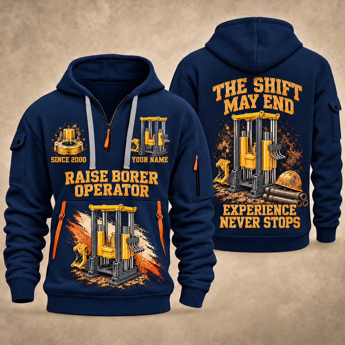 Robbins 53RH Raise Borer Operator quarter zip hoodie in Navy, front and back views, sample YOUR NAME and SINCE 2000 artwork