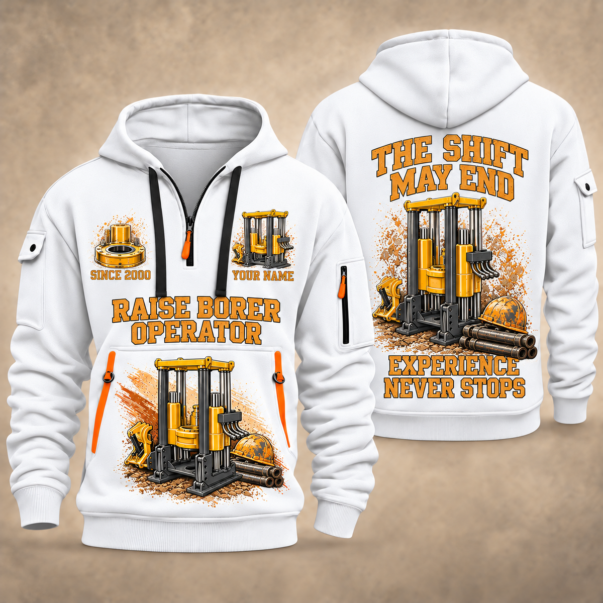 Robbins 53RH Raise Borer Operator quarter zip hoodie in White, front and back views, sample YOUR NAME and SINCE 2000 artwork