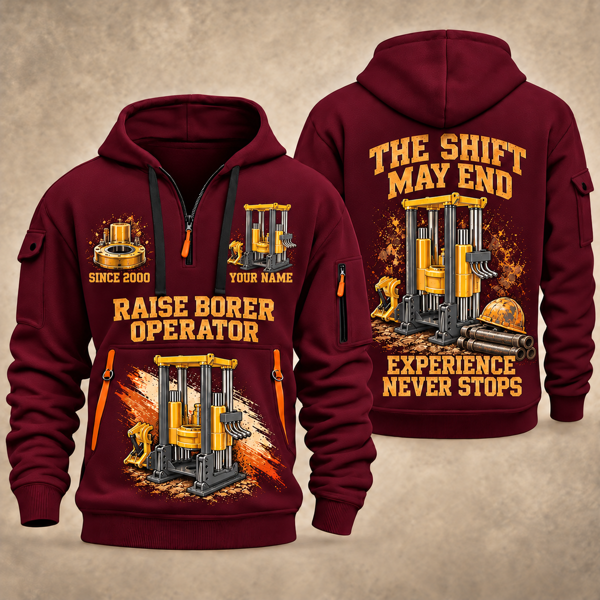 Robbins 53RH Raise Borer Operator quarter zip hoodie in Wine Red, front and back views, sample YOUR NAME and SINCE 2000 artwork