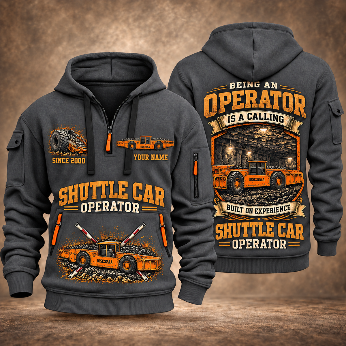 10SC32AA Center-Drive Shuttle Car Operator quarter zip hoodie in Gray, front and back views, sample YOUR NAME and SINCE 2000 artwork