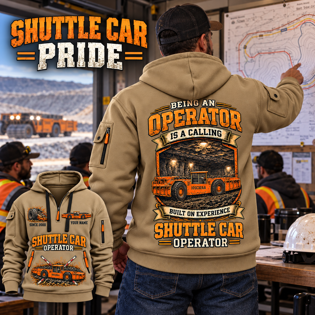 10SC32AA Center-Drive Shuttle Car Operator quarter zip hoodie in Khaki, adult lifestyle portrait showing front and back artwork