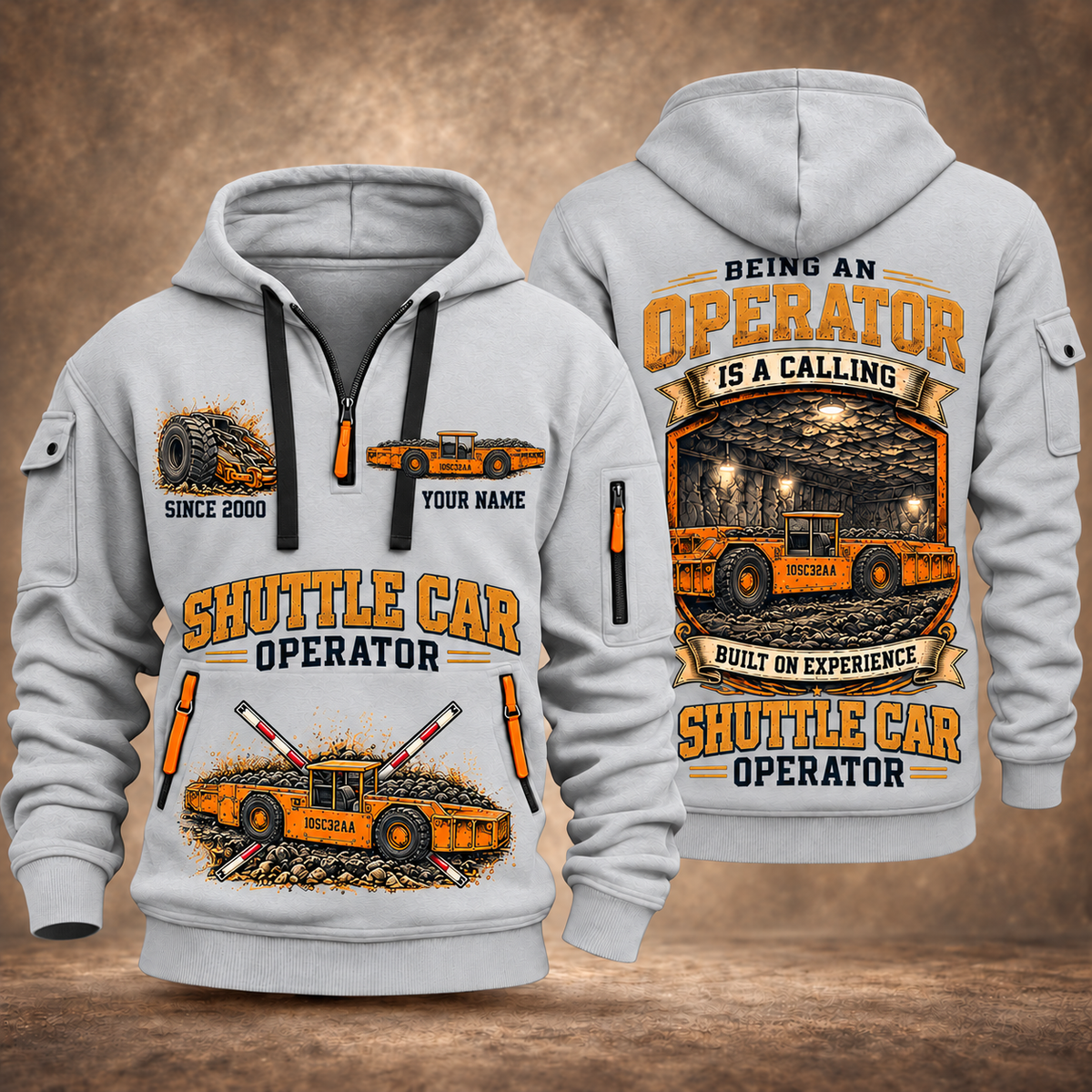 10SC32AA Center-Drive Shuttle Car Operator quarter zip hoodie in Light Grey, front and back views, sample YOUR NAME and SINCE 2000 artwork