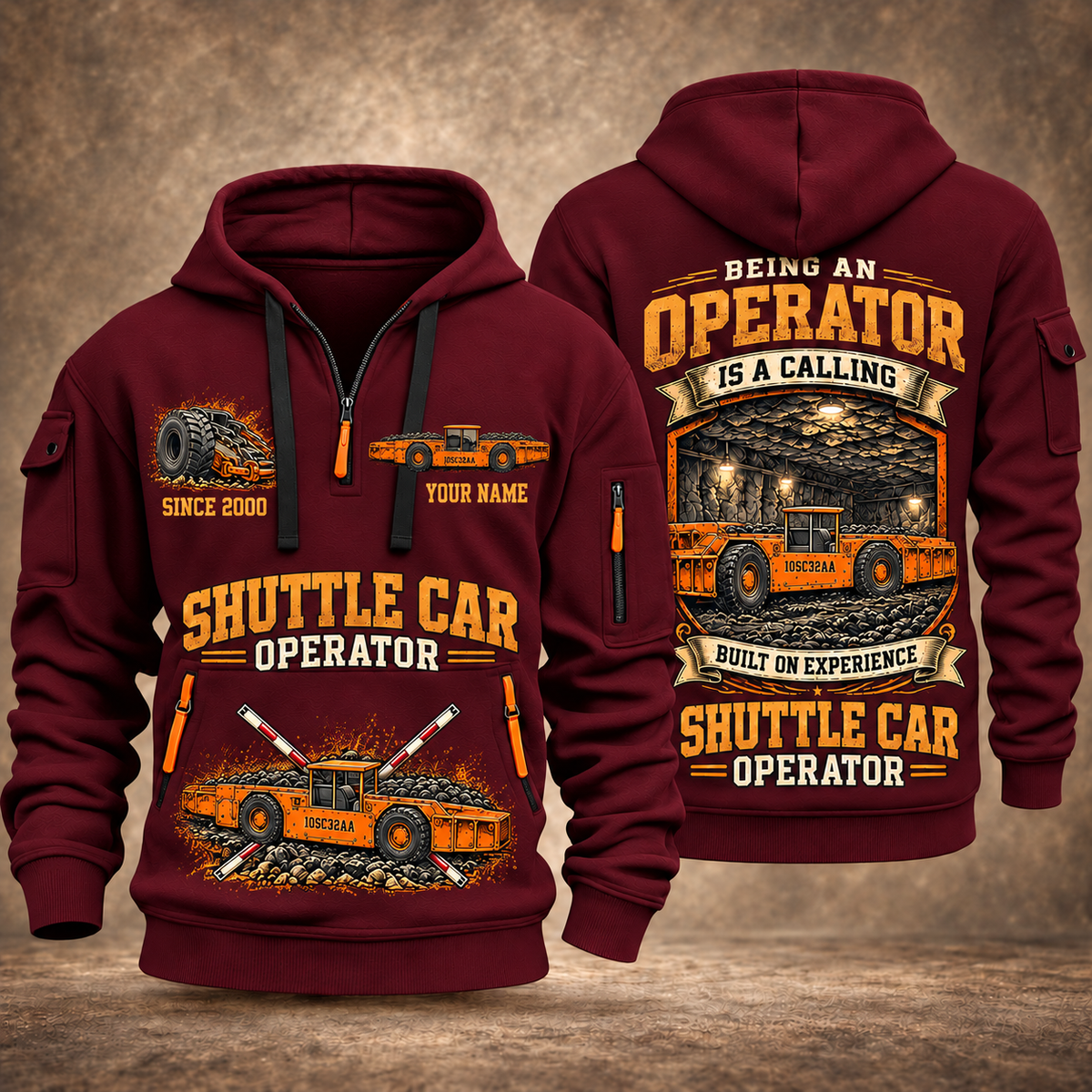 10SC32AA Center-Drive Shuttle Car Operator quarter zip hoodie in Wine Red, front and back views, sample YOUR NAME and SINCE 2000 artwork