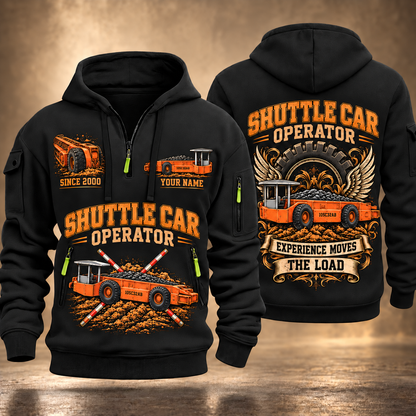 10SC32AB End-Drive Shuttle Car Operator quarter zip hoodie in Black, front and back views, sample YOUR NAME and SINCE 2000 artwork
