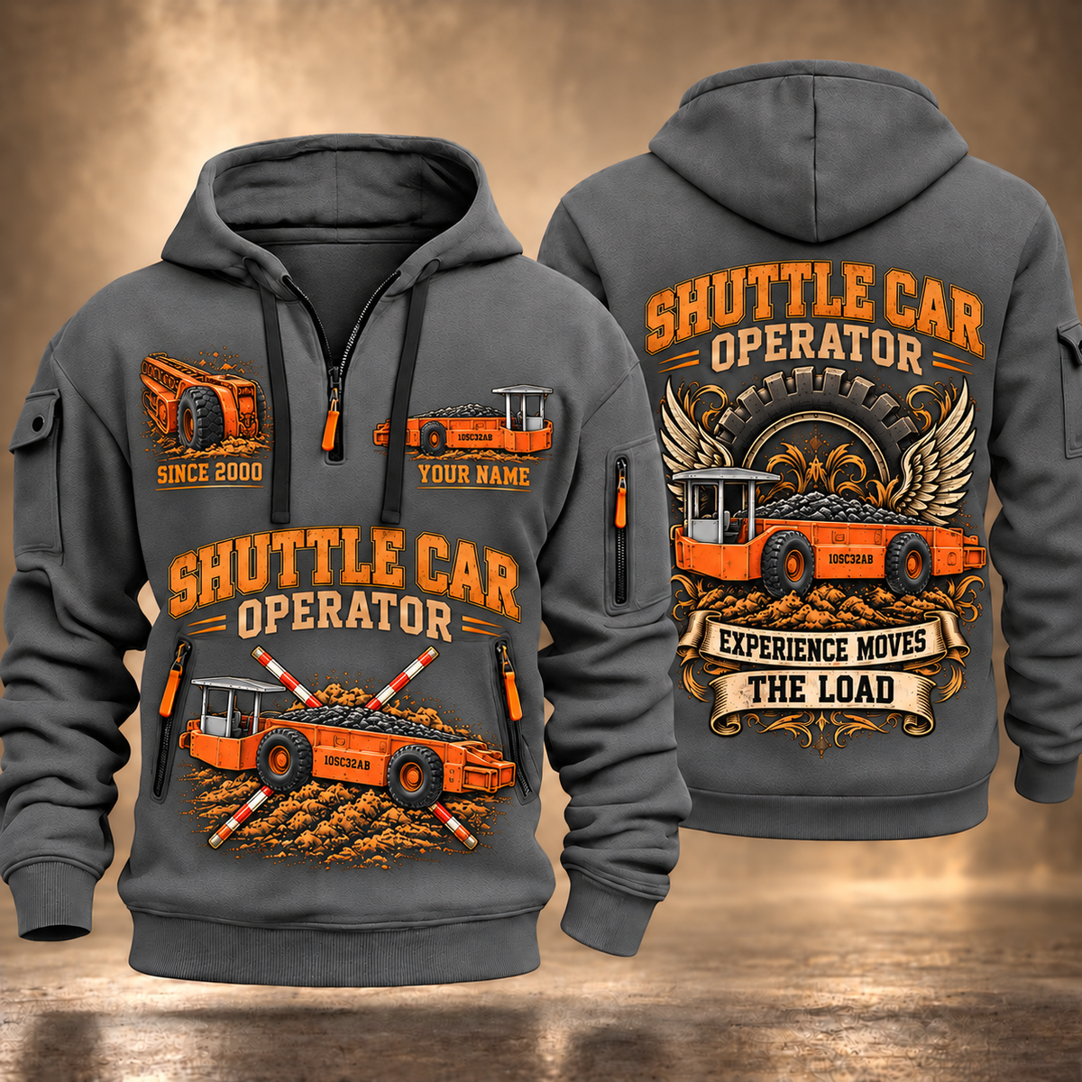 10SC32AB End-Drive Shuttle Car Operator quarter zip hoodie in Gray, front and back views, sample YOUR NAME and SINCE 2000 artwork