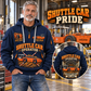 10SC32AB End-Drive Shuttle Car Operator quarter zip hoodie in Navy, adult lifestyle portrait showing front and back artwork