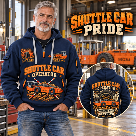 10SC32AB End-Drive Shuttle Car Operator quarter zip hoodie in Navy, adult lifestyle portrait showing front and back artwork