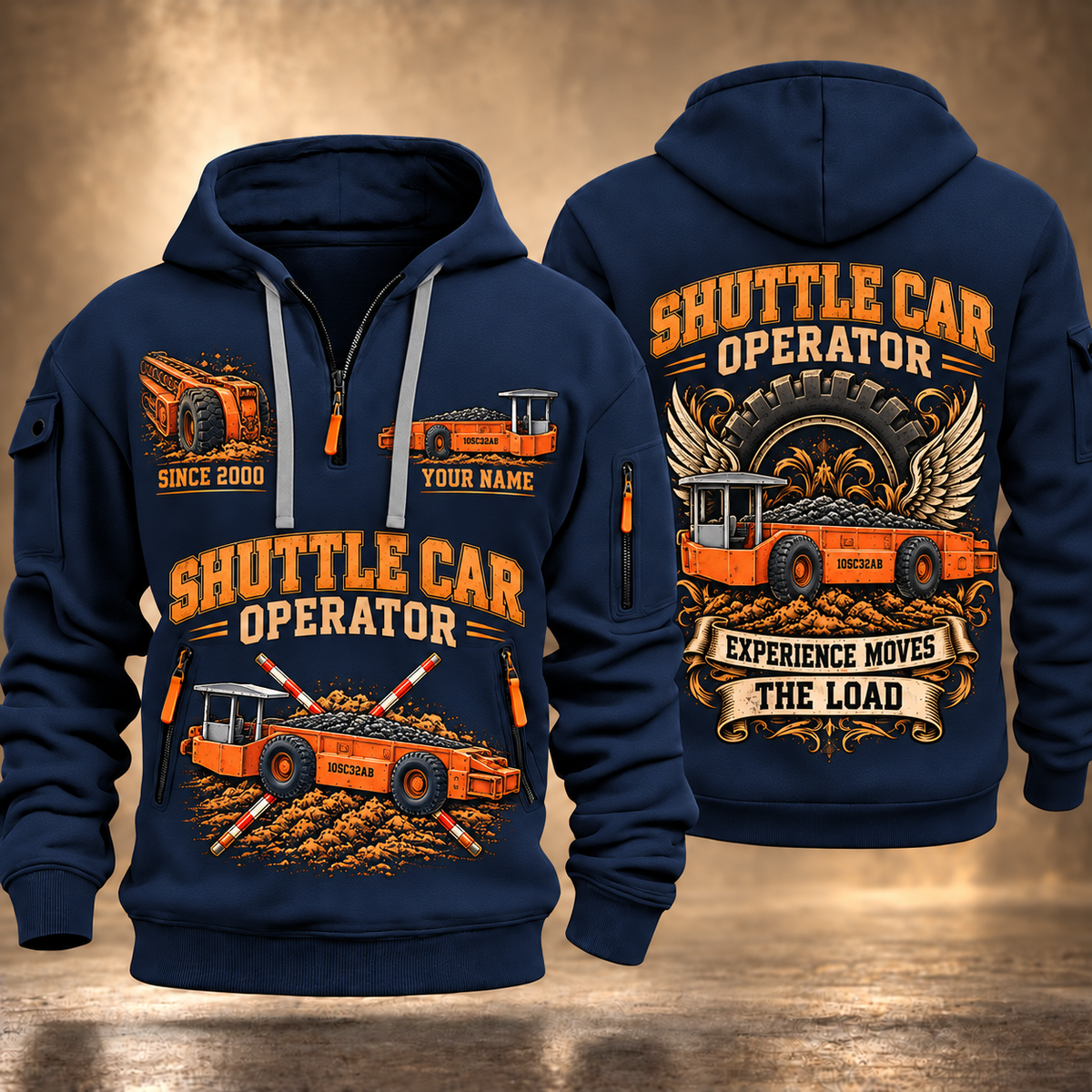 10SC32AB End-Drive Shuttle Car Operator quarter zip hoodie in Navy, front and back views, sample YOUR NAME and SINCE 2000 artwork