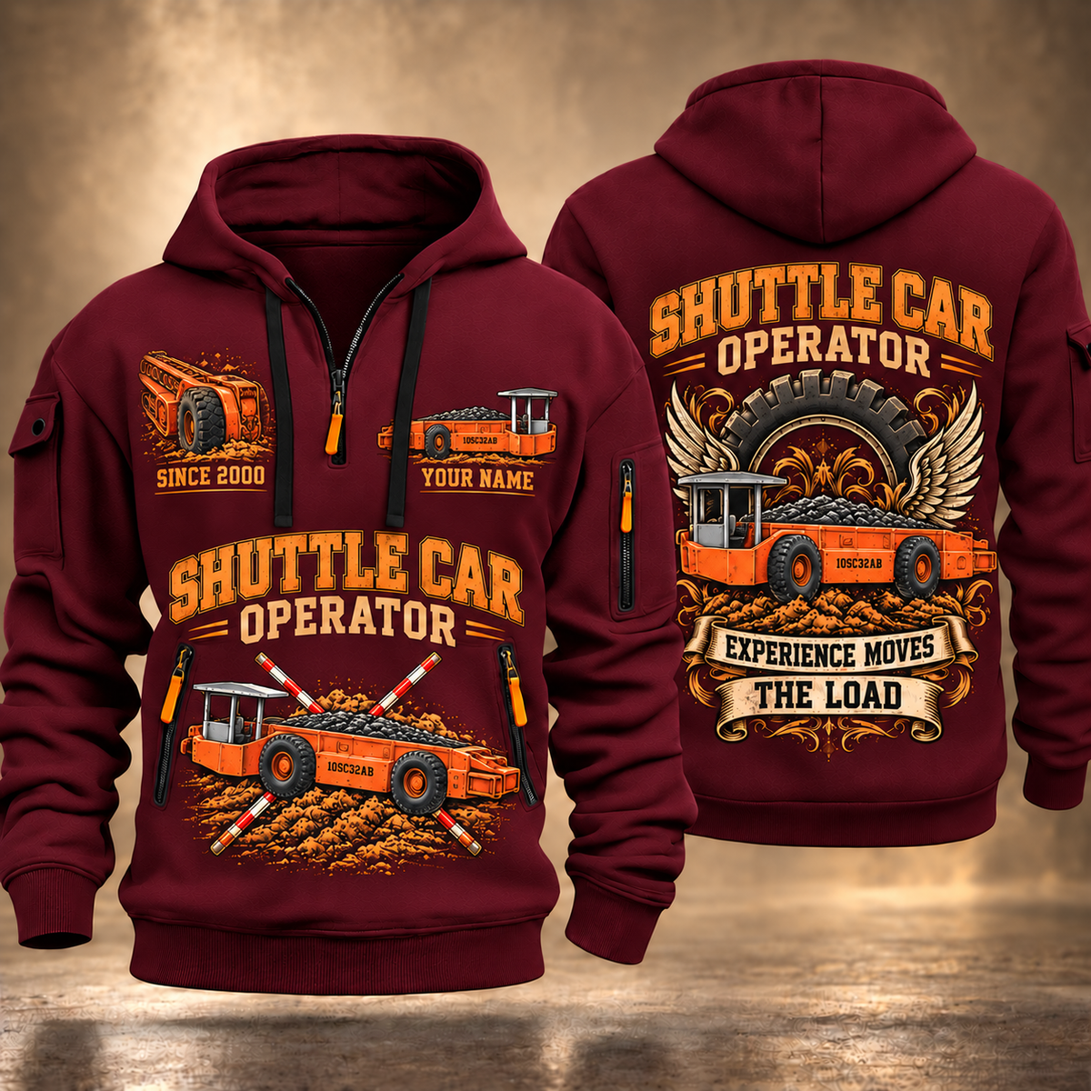 10SC32AB End-Drive Shuttle Car Operator quarter zip hoodie in Wine Red, front and back views, sample YOUR NAME and SINCE 2000 artwork