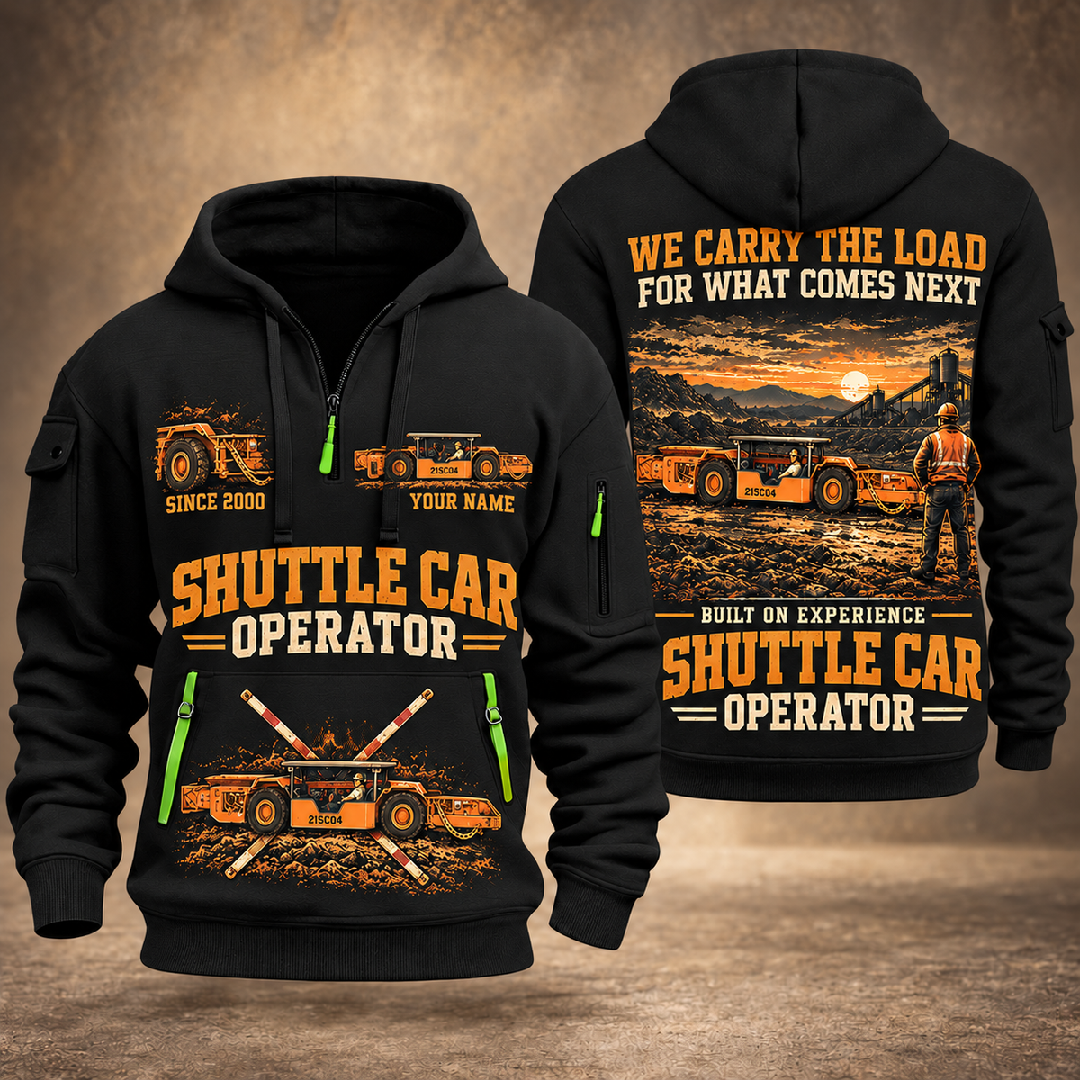 21SC04 Low-Seam Shuttle Car Operator quarter zip hoodie in Black, front and back views, sample YOUR NAME and SINCE 2000 artwork