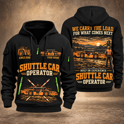 21SC04 Low-Seam Shuttle Car Operator quarter zip hoodie in Black, front and back views, sample YOUR NAME and SINCE 2000 artwork