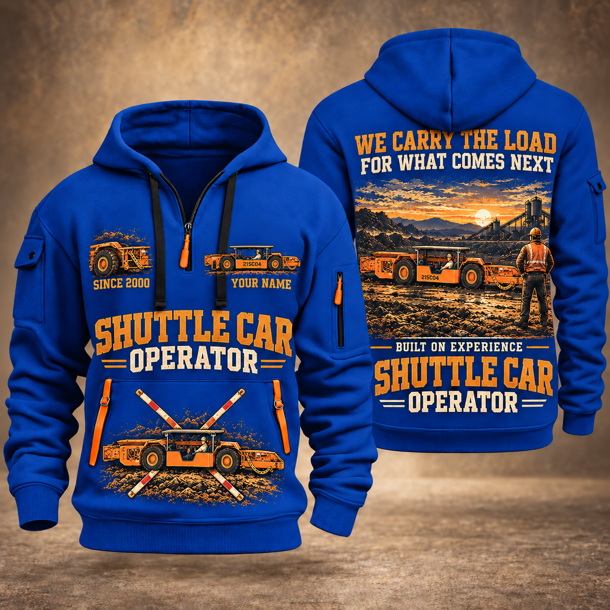 21SC04 Low-Seam Shuttle Car Operator quarter zip hoodie in Blue, front and back views, sample YOUR NAME and SINCE 2000 artwork